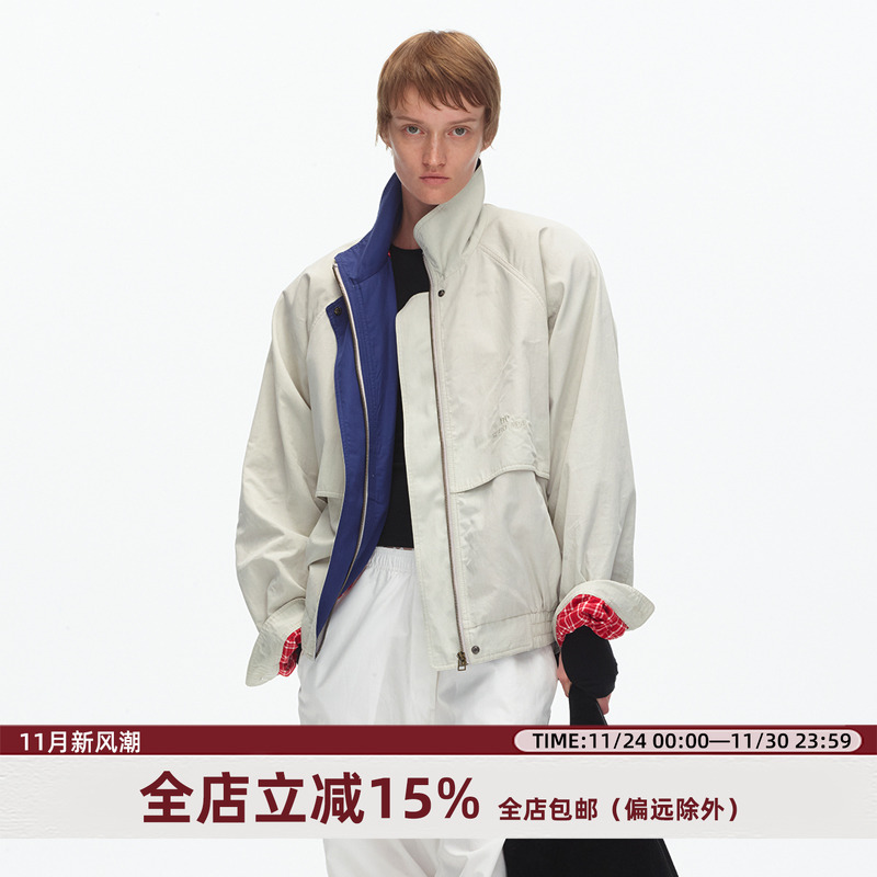 ECHOADE斜纹撞色立领短款夹克