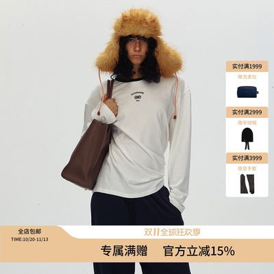 ECHOADE 细腻亲肤 微落肩宽松直筒版型LOGO刺绣撞色圆领长袖T恤