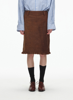 ECHOADE经典百搭 H直身版型下摆木耳边设计过膝牛皮半身裙