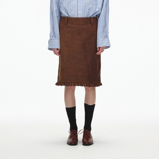 型下摆木耳边设计过膝牛皮半身裙 H直身版 ECHOADE经典 百搭