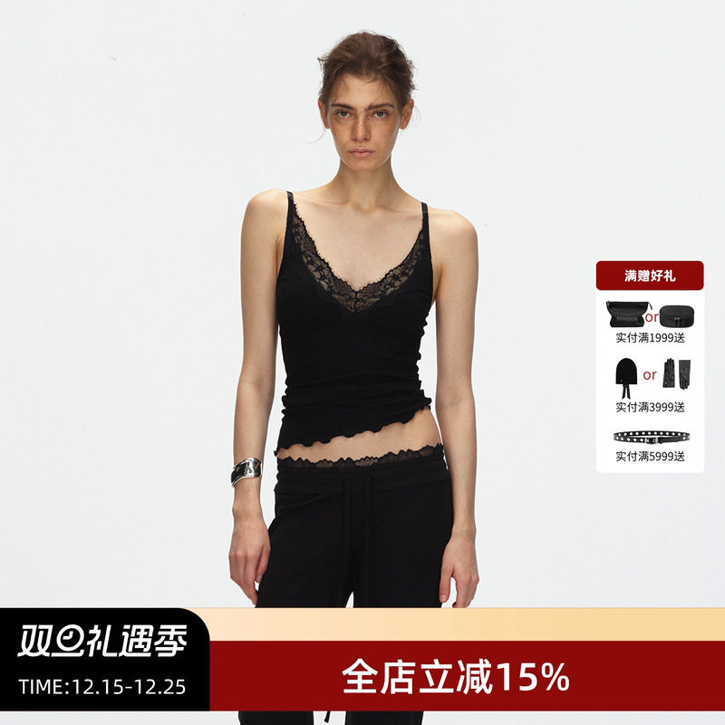 ECHOADE罗纹蕾丝拼接木耳边吊带