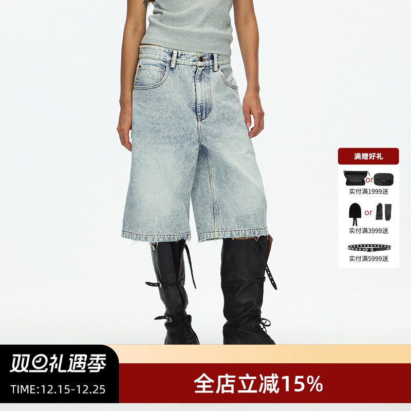 ECHOADE复古摩登 自然炒雪花水洗效果 直筒阔腿版型磨毛牛仔中裤