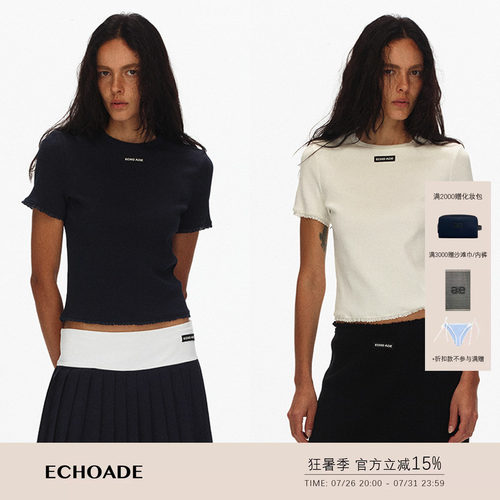 ECHOADE时髦经典甄选针织蕾丝花边点缀短袖t恤女夏季圆领正肩上衣