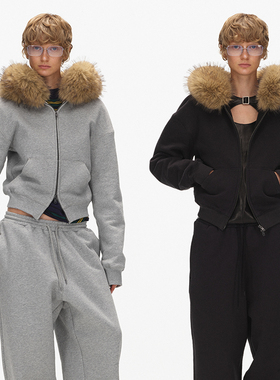 ECHOADE松弛时髦感 可脱卸毛领短款修身加绒连帽卫衣外套