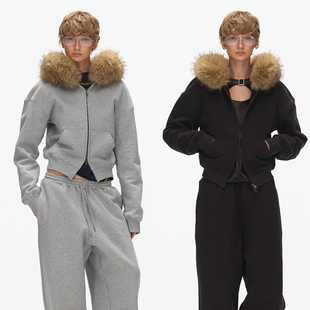 加绒连帽卫衣外套 修身 ECHOADE松弛时髦感 可脱卸毛领短款