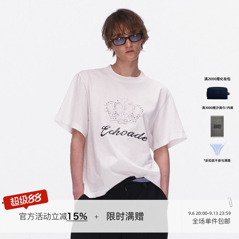 ECHOADE柔软挺阔 小圆领设计烫钻logo水洗做旧宽松印花短袖T恤图片