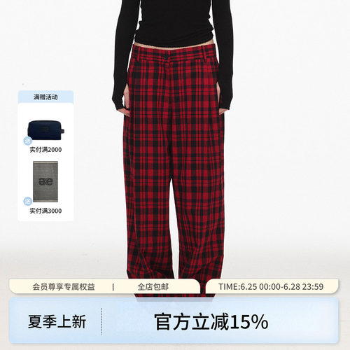 ECHOADE中低腰双褶红格纹阔腿裤