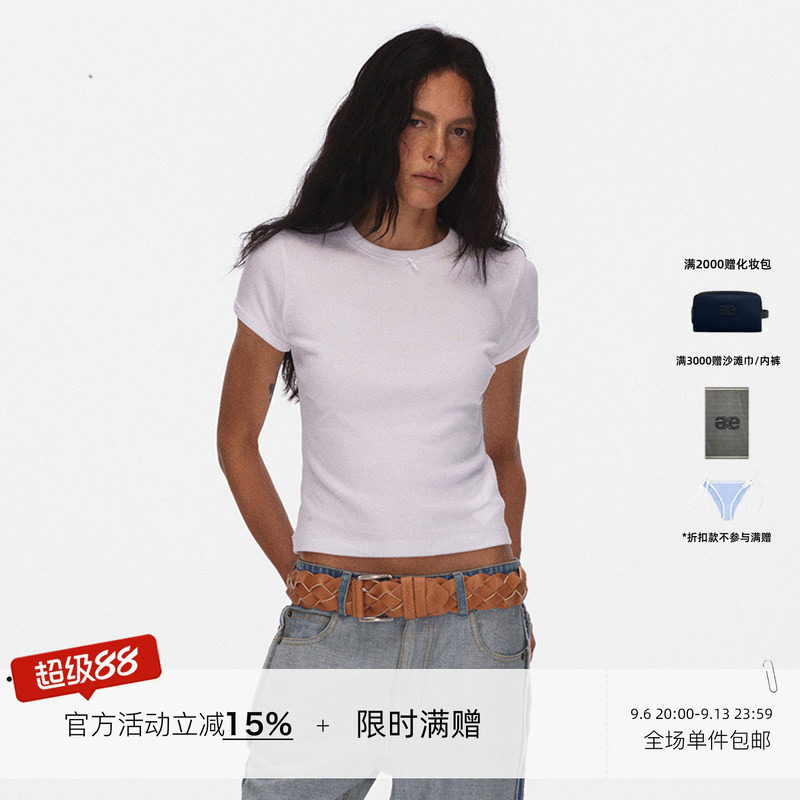 ECHOADE甄选细腻肌理纯棉修身T恤小圆领短袖正肩袖上衣图片