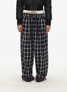 ECHOADE经典长青 复古慵懒松紧腰抽绳设计格纹阔腿西裤