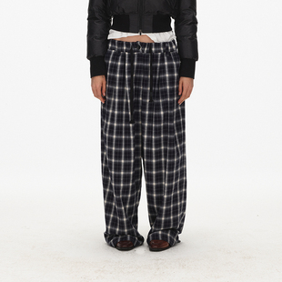 复古慵懒松紧腰抽绳设计格纹阔腿西裤 ECHOADE经典 长青