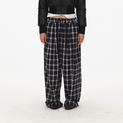 ECHOADE松紧腰抽绳格纹阔腿西裤