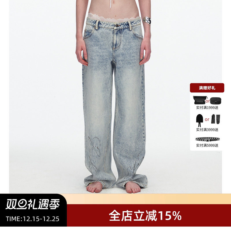 ECHOADE复古水洗烫钻牛仔长裤