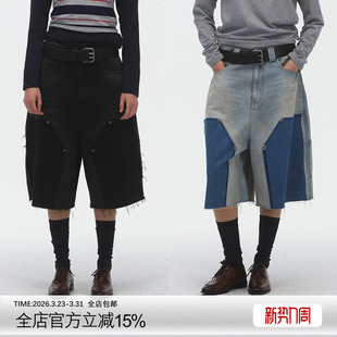 中腰牛仔中裤 ECHOADE柔软亲肤 不同色彩拼接脚口毛边设计