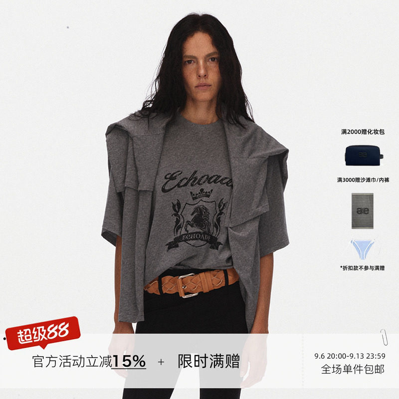 ECHOADE 经典时髦软糯透气短袖印花T恤宽松廓形圆领做旧休闲上衣图片