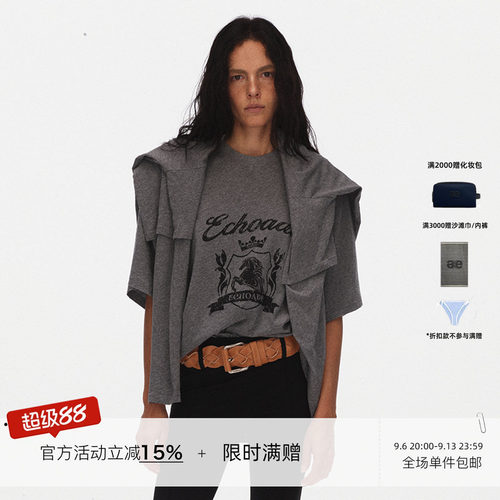ECHOADE 经典时髦软糯透气短袖印花T恤宽松廓形圆领做旧休闲上衣
