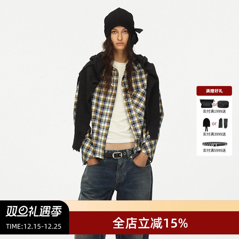 ECHOADE复古时髦 精选100%棉黄蓝格纹短款H版型收腰经典格纹衬衫