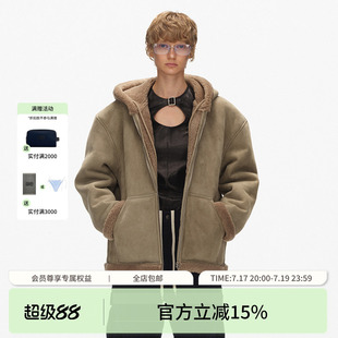 ECHOADE蓬松柔软 进口皮毛一体宽松连帽设计麂皮绒羊羔毛外套