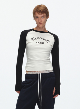 ECHOADE复古时髦甄选柔软舒适修身利落植绒LOGO印花拼色插肩袖T恤