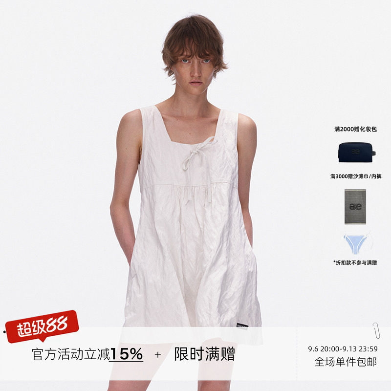 ECHOADE轻盈如云 U领无袖迷你高腰褶皱A字廓形背心式连衣裙图片
