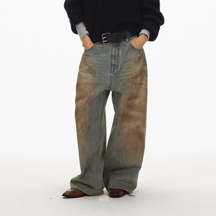 做旧做脏水洗宽松直筒剪裁牛仔长裤 ECHOADE 前卫叛逆