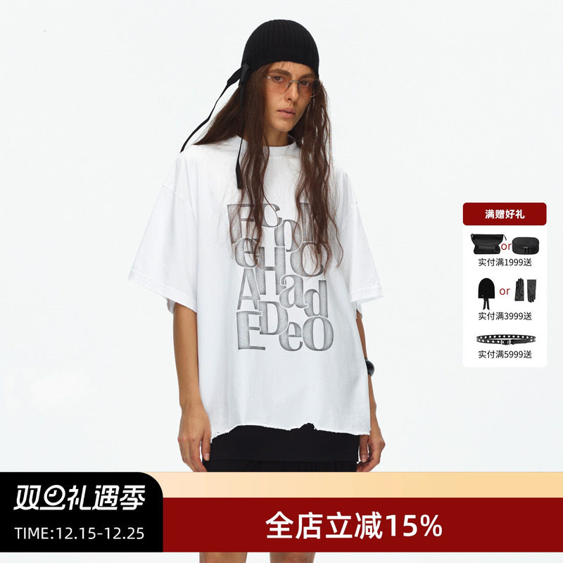 ECHOADE不规则做旧破洞字母T恤