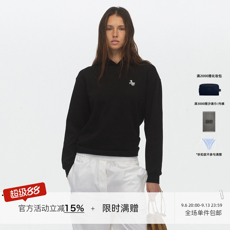 ECHOADE软糯高弹华夫格材质 利落正肩版型logo刺绣连帽长袖T恤图片