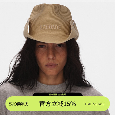 ECHOADE 时髦平顶风扇帽牛仔草帽撞色刺绣斜纹宽帽檐帆布帽