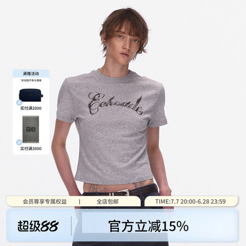 ECHOADE轻薄柔软经典小圆领利落短款正肩版型手绘logo印花短袖T恤