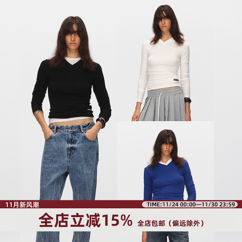 ECHOADE小V领设计l修身长袖T恤