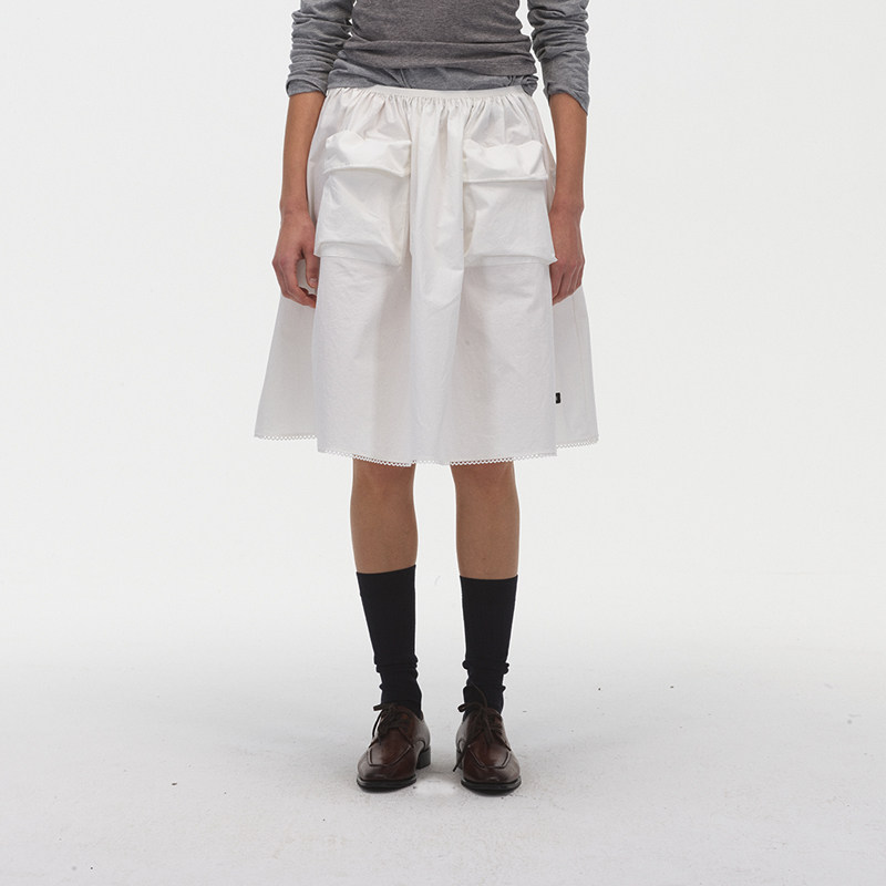 ECHOADE早春下摆花边白色半身裙女点缀无束感褶皱高腰a字宽松裙子