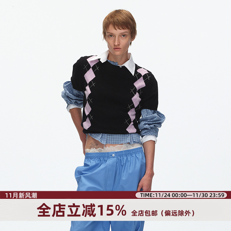 ECHOADE圆领菱格纹短袖针织衫