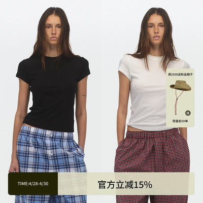 ECHOADE正肩圆领设计亲肤羊绒醋酸短袖修身T恤女早春打底内搭上衣