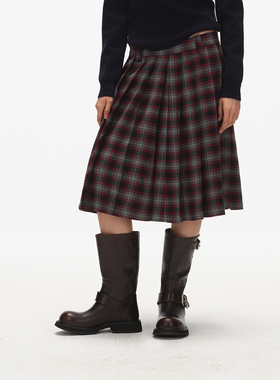 ECHOADE经典实穿 挺阔垂坠层次感过膝百褶格纹半身裙