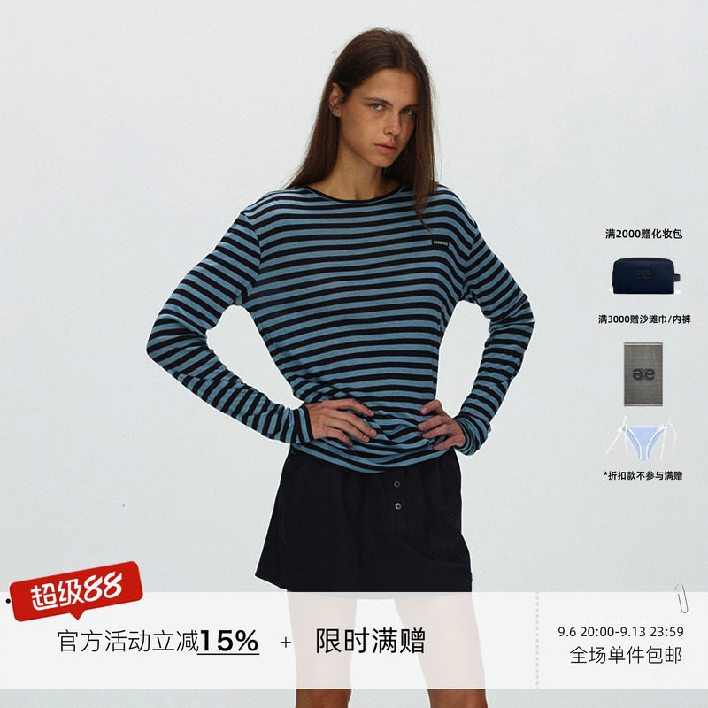 ECHOADE 轻薄亲肤 经典小圆领天丝羊宽松直筒版型条纹圆领长袖T恤图片