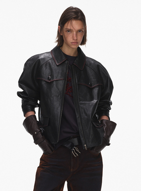 ECHOADE复古摩登翻领设计精致外套  黑色擦色酷感皮夹克