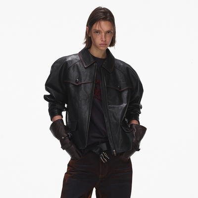 ECHOADE复古摩登翻领设计精致外套  黑色擦色酷感皮夹克