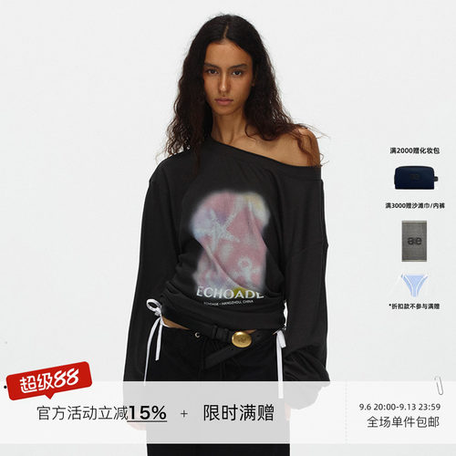 ECHOADE慵懒松弛 轻薄不闷热斜肩印花长袖T恤宽松印花一字领上衣