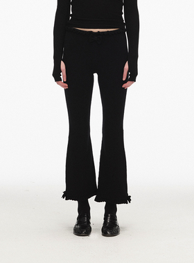 ECHOADE时髦高级感 亲肤高弹中腰蝴蝶结装饰设计黑色微喇八分裤