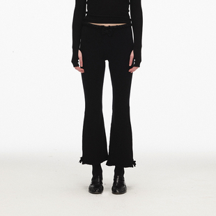 饰设计黑色微喇八分裤 ECHOADE时髦高级感 亲肤高弹中腰蝴蝶结装