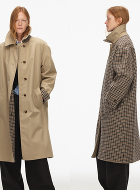 ECHOADE经典廓形 复古格纹拼接圆弧阔肩双面穿中长款设风衣外套