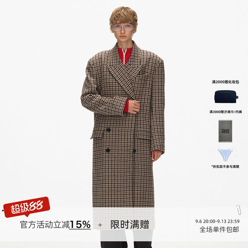 ECHOADE千鸟格长款羊毛西装大衣
