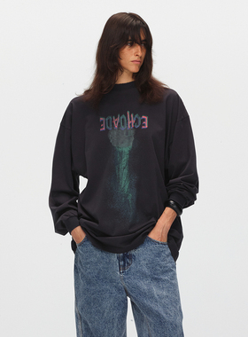 ECHOADE甄选亲肤100%棉艺术感倒影丝网印花旧水洗工艺廓形长袖T恤