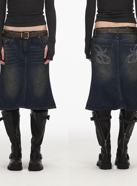 ECHOADE亲肤挺阔柔软丹宁材质X型优雅轮廓经典鱼尾下摆牛仔半身裙