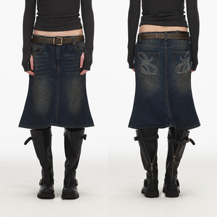 ECHOADE亲肤挺阔柔软丹宁材质X型优雅轮廓经典 鱼尾下摆牛仔半身裙