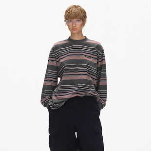 小圆领设计Logo贴布绣徽标宽松撞色条纹长袖 型 T恤 H版 ECHOADE经典