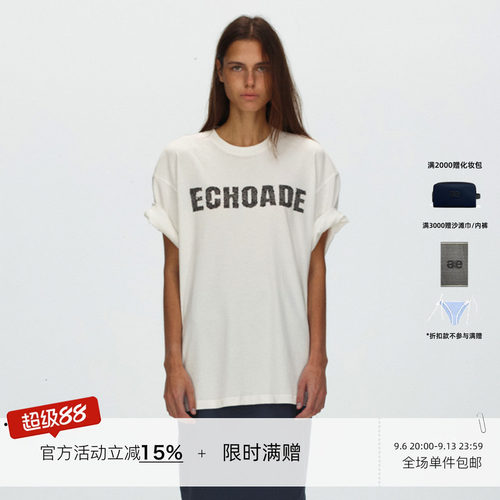 ECHOADE 软糯亲肤 经典落肩设计宽松蕾丝印花圆领短袖T恤