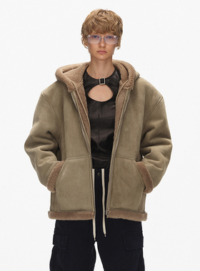 ECHOADE蓬松柔软 进口皮毛一体宽松连帽设计麂皮绒羊羔毛外套