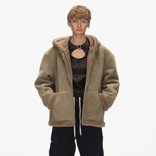 ECHOADE蓬松柔软 进口皮毛一体宽松连帽设计麂皮绒羊羔毛外套