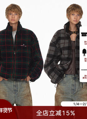 ECHOADE松弛慵懒 经典时髦格纹配色 刺绣徽标宽松摇粒绒夹克外套