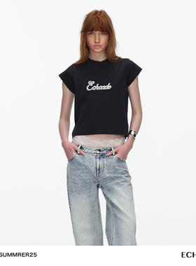 ECHOADE夏季B备 甄选高克重棉破坏水洗小圆领微露腰线设计短款T恤
